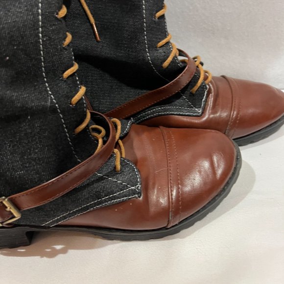 Womens Denim Knee High Boots Block Low Heels Round Toe Lace Up Buckle Shoes Hot - Picture 3 of 7